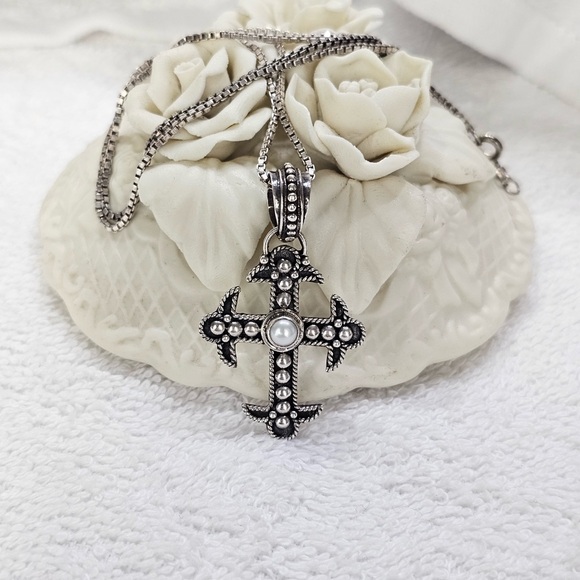 BA INDONESIA Jewelry - BA Indonesia 925 Silver Cross Necklace With White Pearl